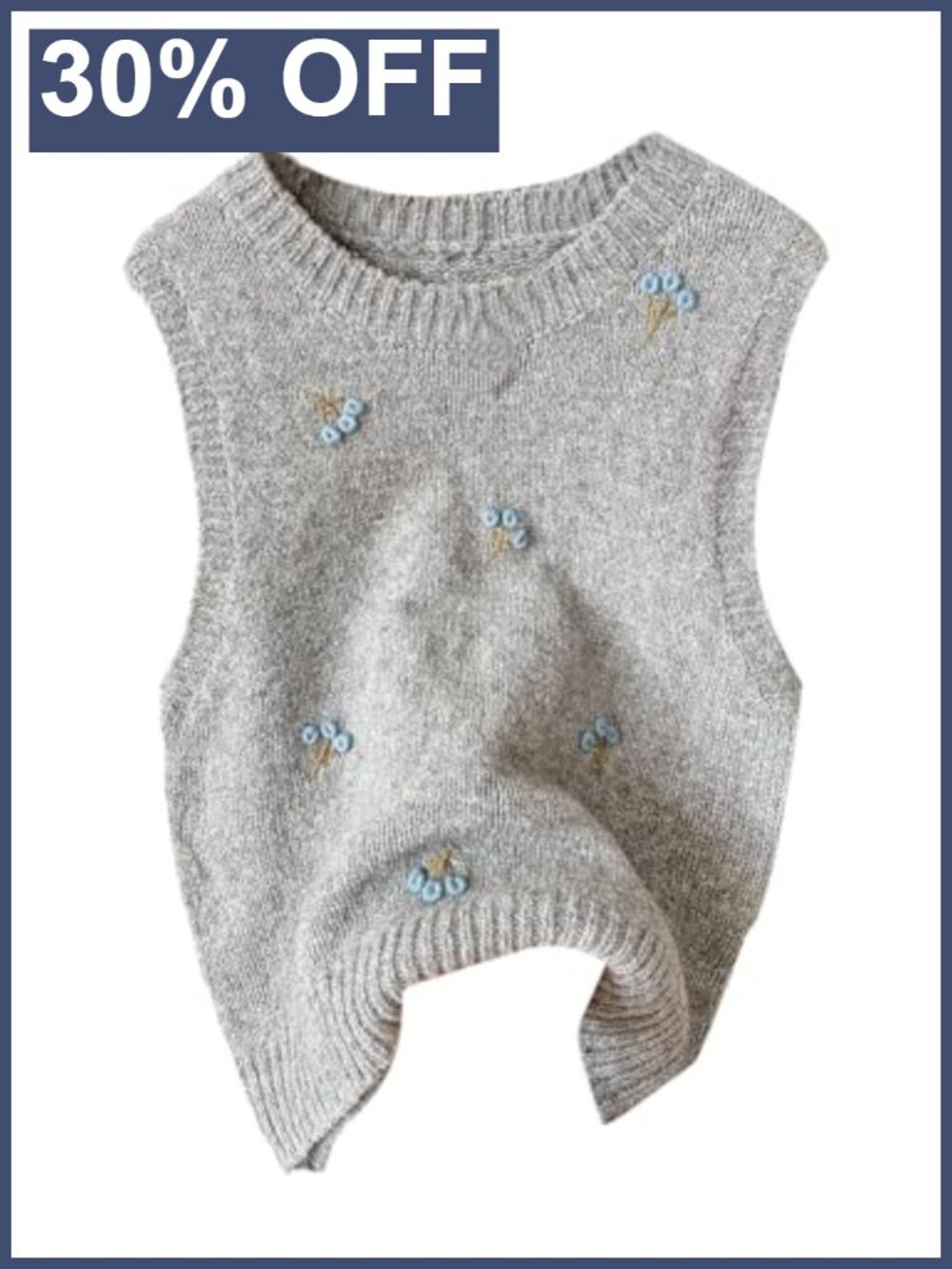 Embroidered Sleeveless Knit Sweater Vest Crew Neck Pullover